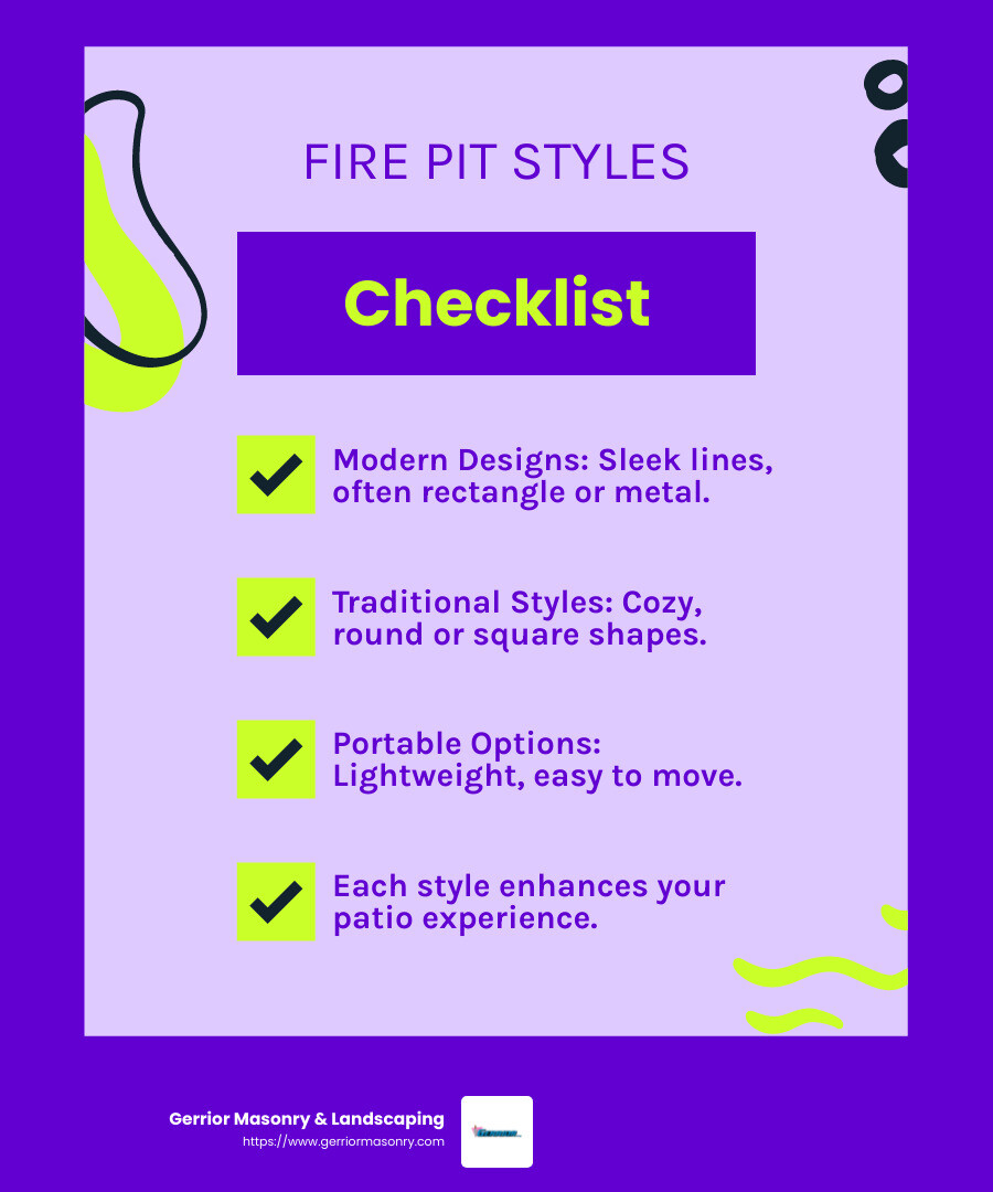 Explore different fire pit styles to find the perfect match for your patio - fire pit for the patio infographic checklist-fun-neon