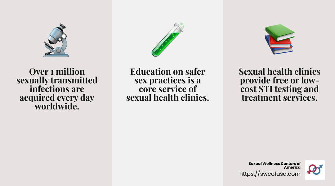 Sexual health clinics provide essential services for prevention and treatment of STIs - what is a sexual health clinic infographic 3_facts_emoji_grey