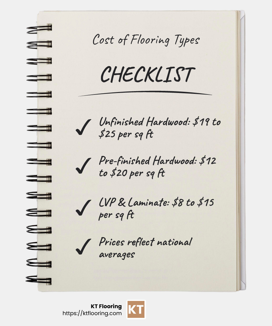 Cost Comparison of Flooring Types - Hardwood flooring installation cost infographic checklist-notebook