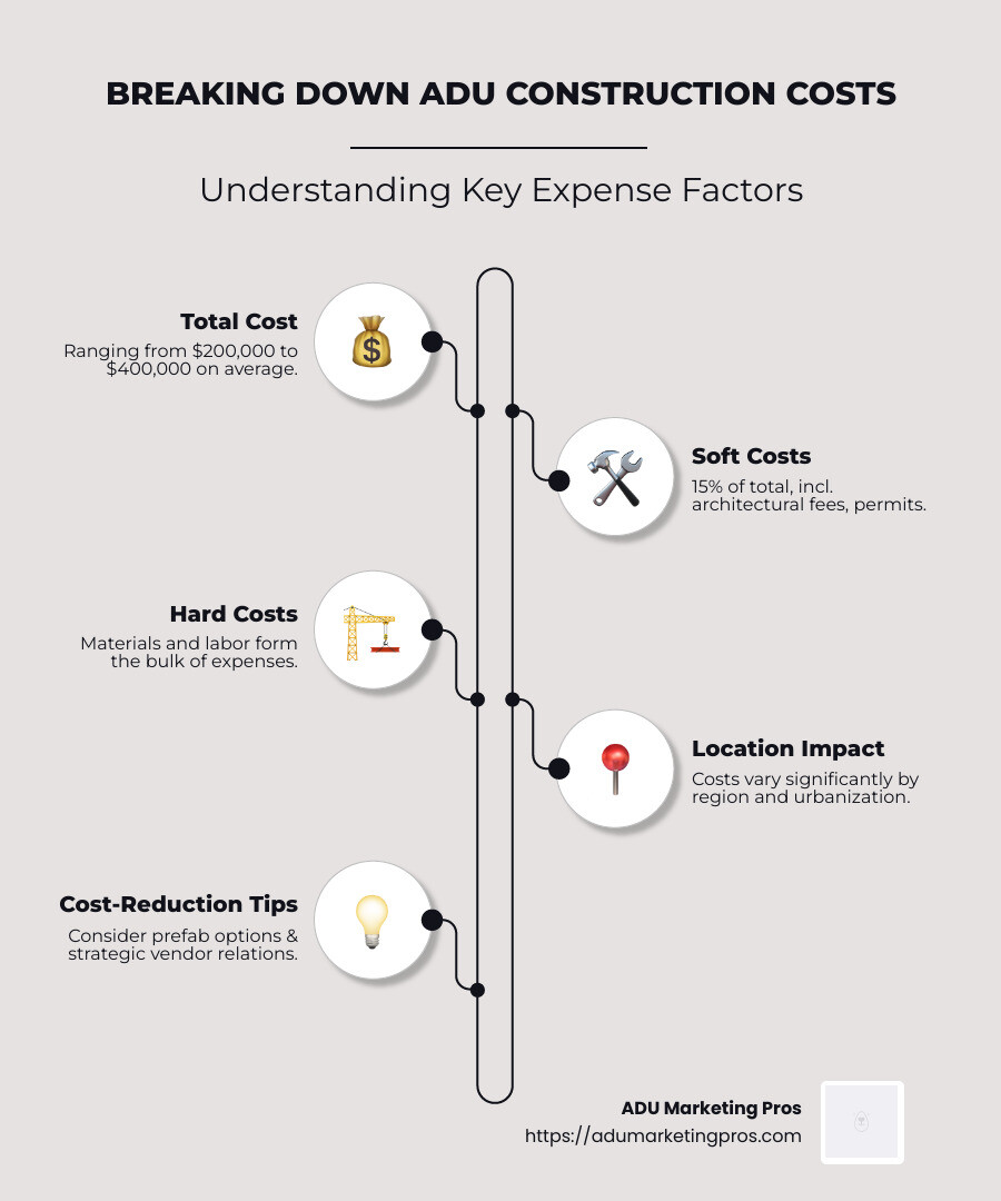 Infographic detailing ADU construction costs, showing average total cost, typical soft costs percentage, and key hard costs factors - ADU construction cost infographic infographic-line-5-steps-neat_beige