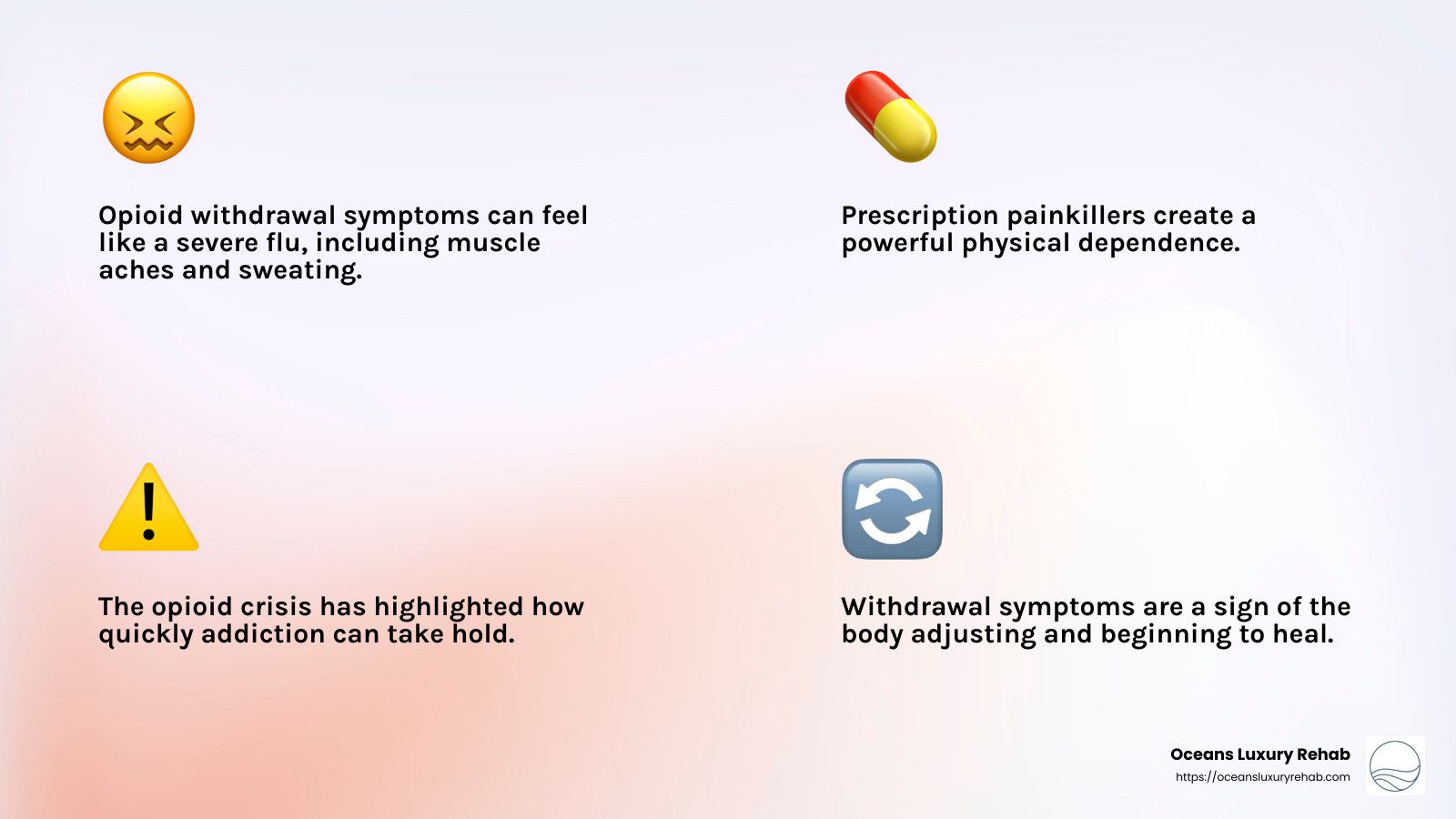 Opioid withdrawal symptoms can feel like a severe flu, including muscle aches and sweating. - How to cope with withdrawal? infographic 4_facts_emoji_light-gradient Opioid withdrawal symptoms can feel like a severe flu, including muscle aches and sweating. - How to cope with withdrawal? infographic 4_facts_emoji_light-gradient