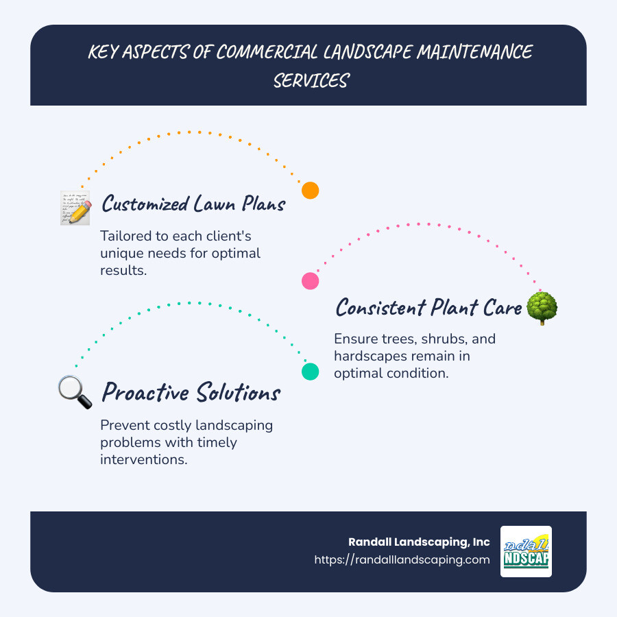 Infographic detailing the key aspects of commercial landscape maintenance services, including customized plans, consistent care of plant life and hardscapes, and proactive problem-solving, to ensure customer satisfaction and lasting impressions. - commercial landscape maintenance services infographic infographic-line-3-steps-blues-accent_colors