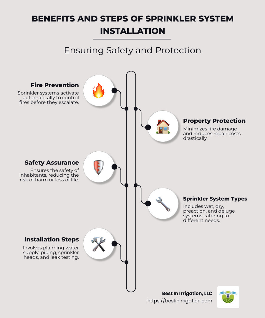 Infographic showcasing the benefits and steps of sprinkler system installation, including fire prevention, property protection, categorization of sprinkler types, and a flowchart of installation process - building sprinkler system installation infographic infographic-line-5-steps-neat_beige