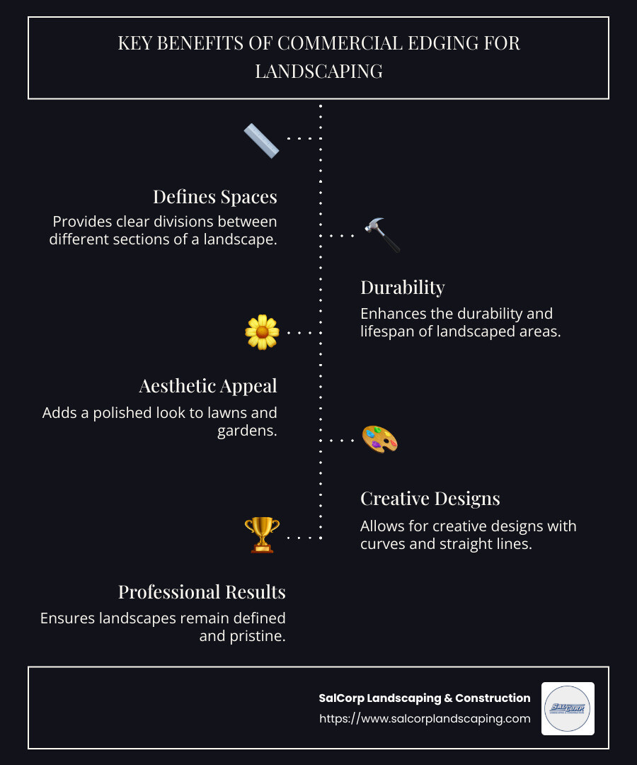 Infographic depicting types of commercial edging and their benefits - commercial edging for landscaping infographic infographic-line-5-steps-dark