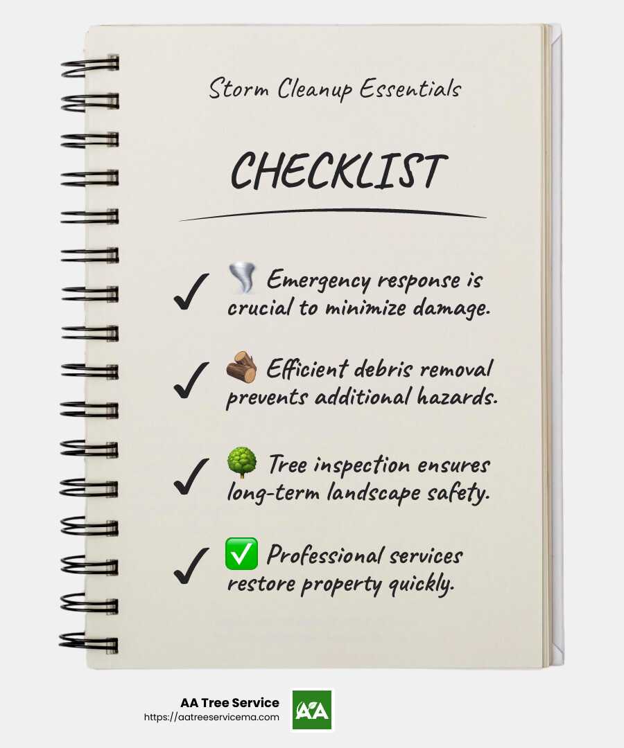 Emergency response and quick debris removal are critical in storm cleanup services. - storm cleanup services infographic checklist-notebook