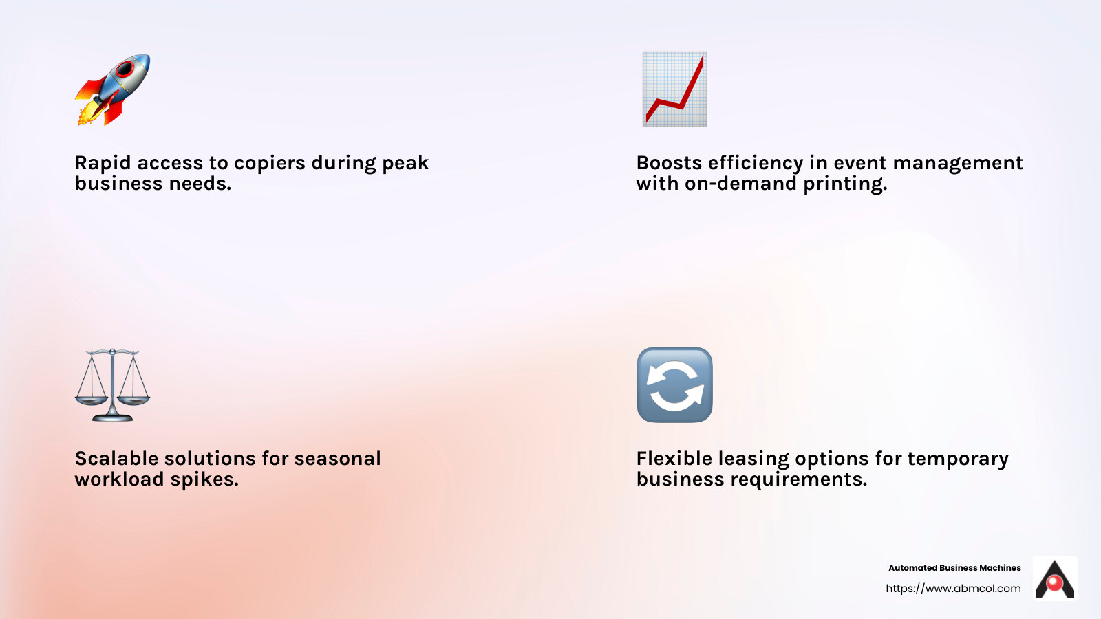 Short-term leasing is a strategic choice for businesses that need to stay agile. - short term copier lease infographic 4_facts_emoji_light-gradient