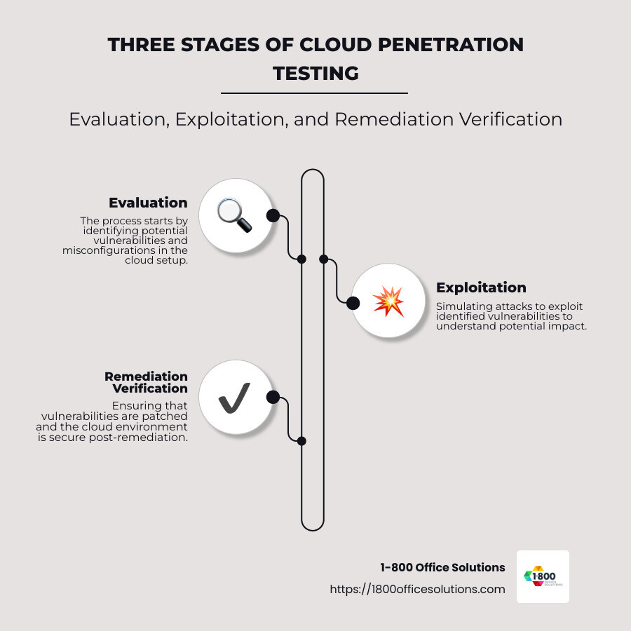 Detailed infographic explaining the three stages of cloud penetration testing: evaluation, exploitation, and remediation verification - cloud penetration testing services infographic infographic-line-3-steps-neat_beige Detailed infographic explaining the three stages of cloud penetration testing: evaluation, exploitation, and remediation verification - cloud penetration testing services infographic infographic-line-3-steps-neat_beige