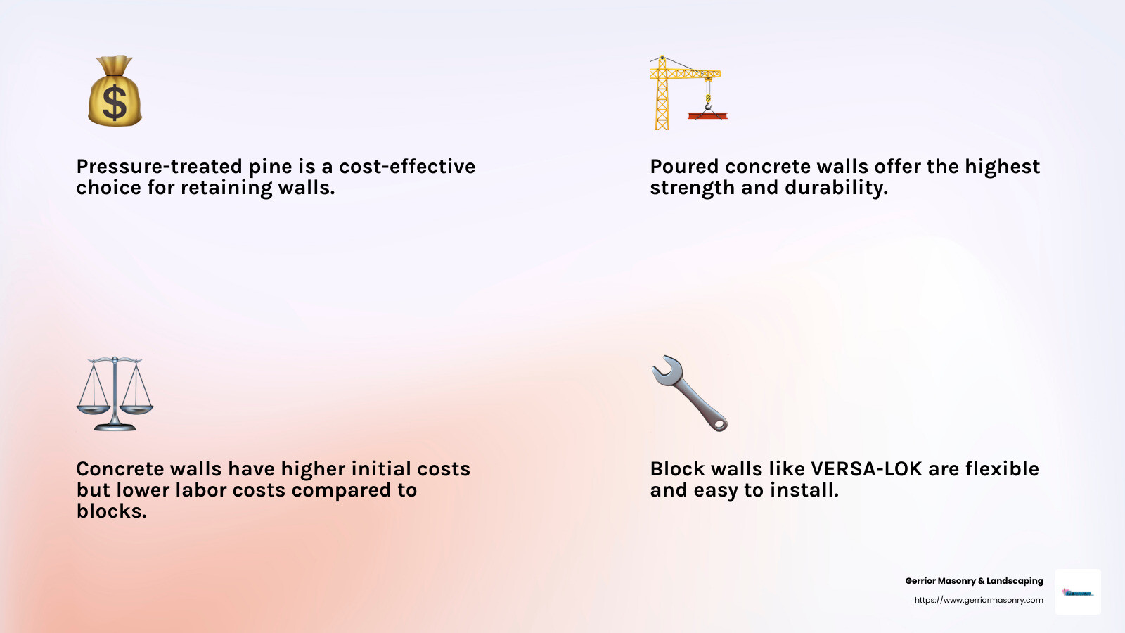 Wall Wonders: A Roundup of Hardscape Retaining Walls 3 Concrete vs. Block Retaining Walls: Cost and Durability Comparison - Hardscape retaining walls infographic 4_facts_emoji_light-gradient