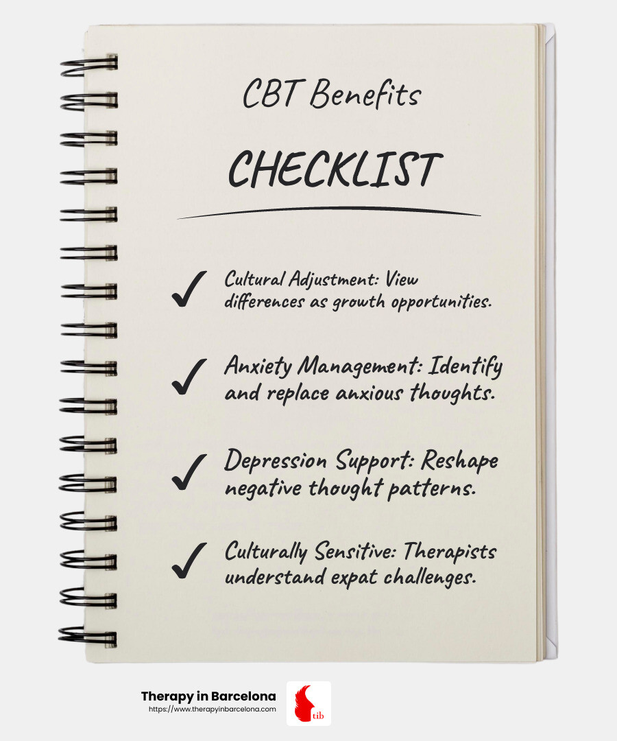 CBT provides resilience and emotional strength - Cognitive Behavioral Therapy Barcelona infographic checklist-notebook