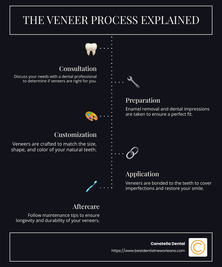 Infographic summarizing veneers benefits, process, and care Infographic summarizing veneers benefits, process, and care