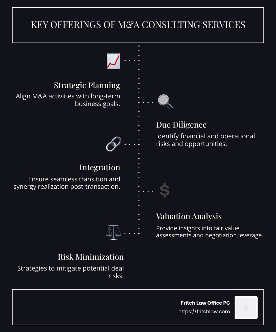 Infographic on Mergers and Acquisitions Consulting Services Offerings - mergers and acquisitions consulting services infographic infographic-line-5-steps-dark