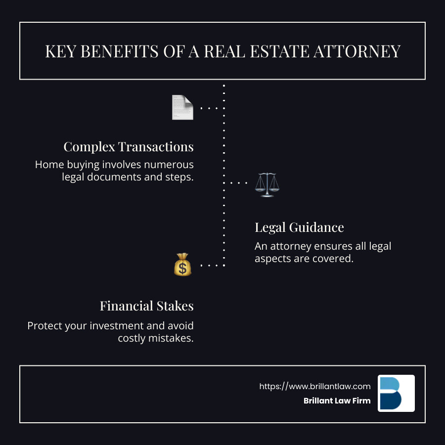 40a8d4be2b87b1a0b11e9ce01386d3bcbc7926cf From Contract to Keys: The Role of a Real Estate Attorney in Home Purchases Discover how a real estate attorney for home purchase safeguards your interests and ensures a smooth transaction. Learn more today! Infographic detailing complex transactions, legal guidance, and financial stakes in home purchases - real estate attorney for home purchase infographic infographic-line-3-steps-dark
