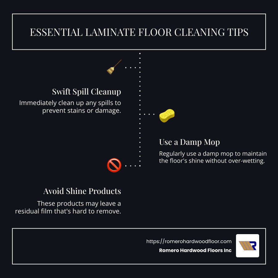 Infographic on laminate floor cleaning tips, benefits of professional services, and cost considerations for maintaining pristine laminate flooring. - Laminate floor cleaning services infographic infographic-line-3-steps-dark