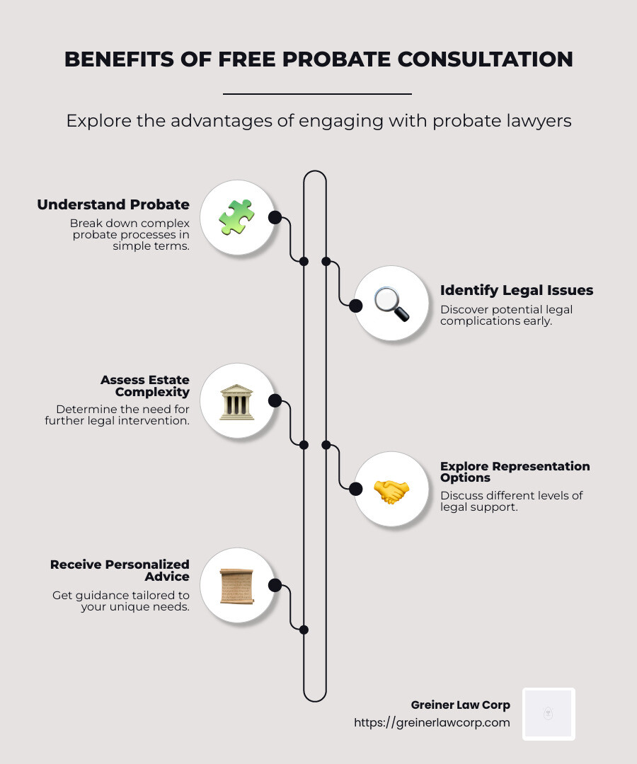 Infographic showing the steps and benefits of a free probate consultation, including understanding probate, identifying legal issues, estate assessment, representation options, and receiving personalized advice, with icons representing each step - probate lawyers near me with free consultation infographic infographic-line-5-steps-neat_beige