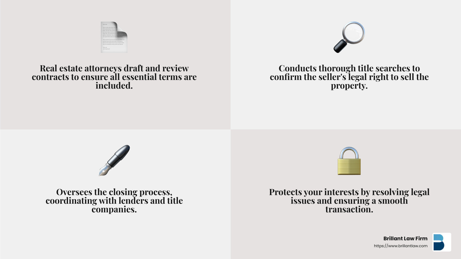 e6fc853ee9de510160789c43a7d377b753efc7b7 From Contract to Keys: The Role of a Real Estate Attorney in Home Purchases Discover how a real estate attorney for home purchase safeguards your interests and ensures a smooth transaction. Learn more today! Quote about the importance of a real estate attorney in closing - real estate attorney for home purchase infographic 4_facts_emoji_grey