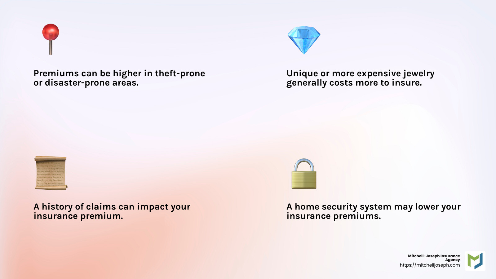 Factors affecting jewelry insurance cost include location, value, claims history, and security measures. - expensive jewelry insurance infographic 4_facts_emoji_light-gradient
