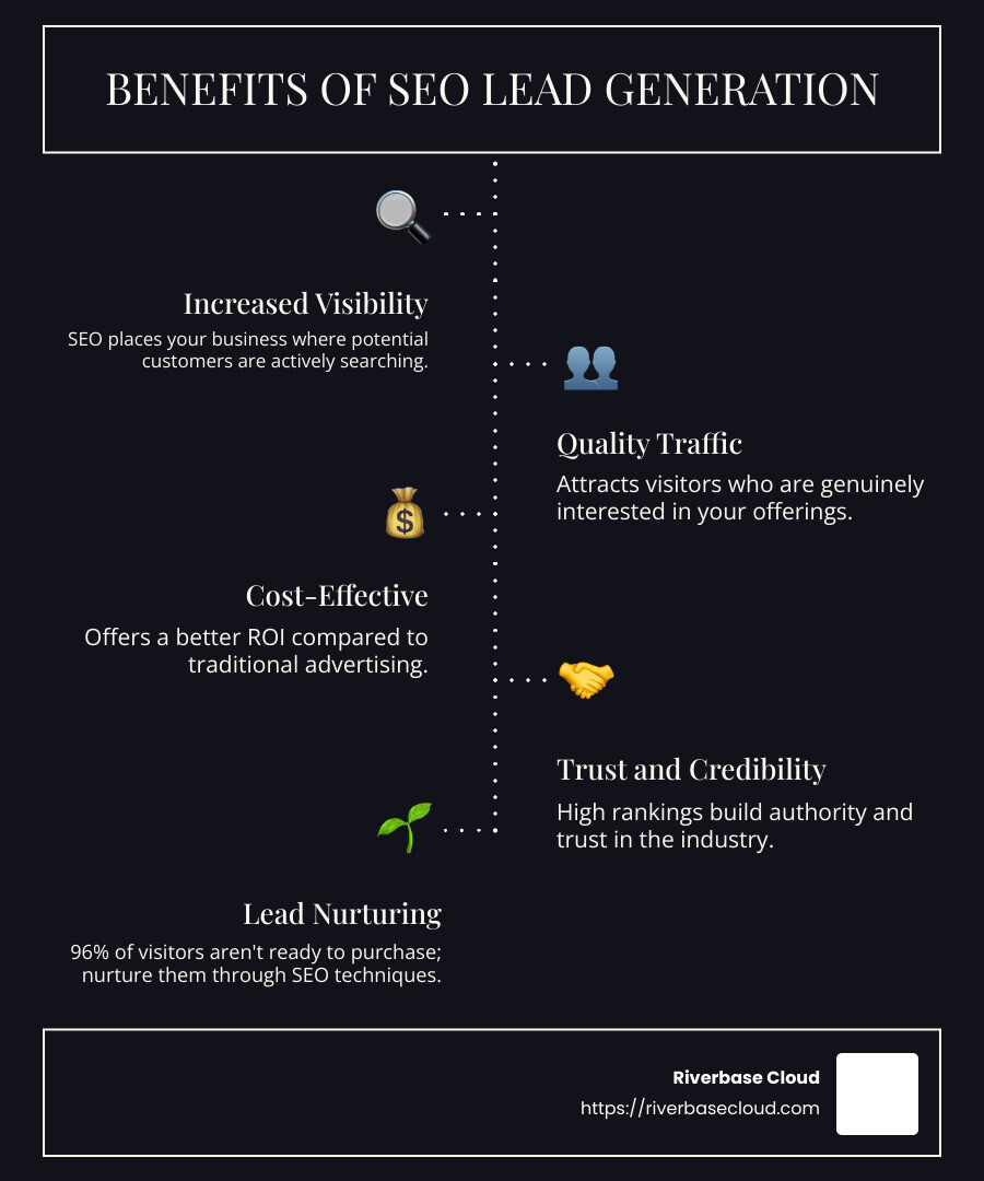 Infographic on SEO Lead Generation Benefits - SEO lead generation infographic infographic-line-5-steps-dark