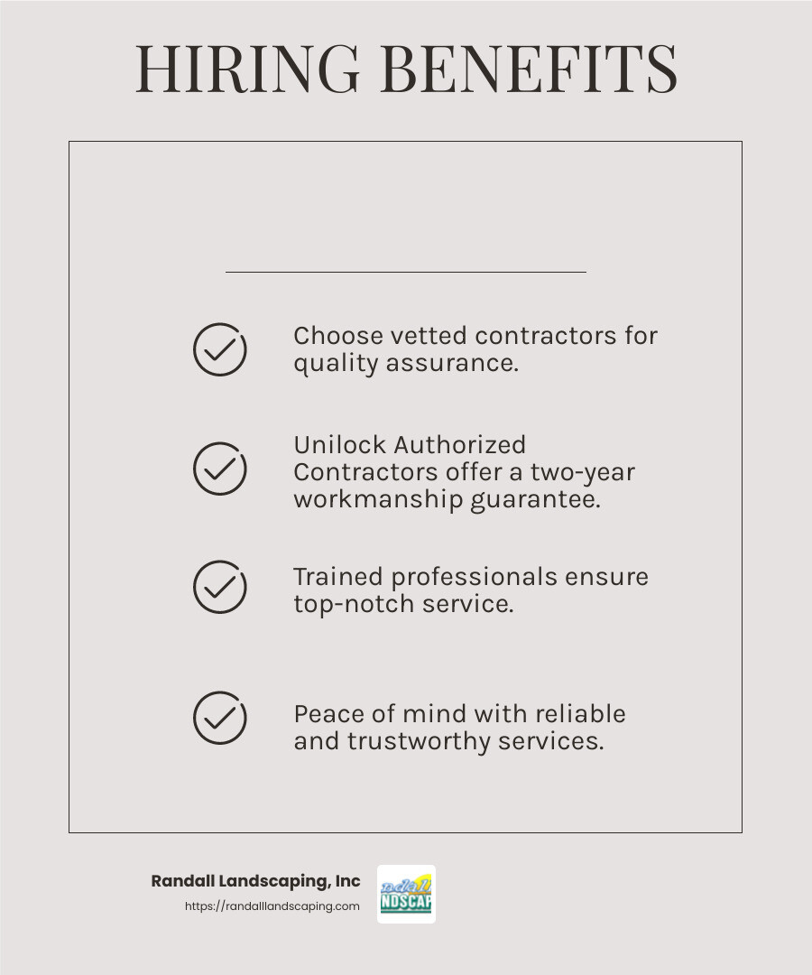 Unilock Authorized Contractors offer a two-year workmanship guarantee, ensuring peace of mind for homeowners. - hardscape patio contractors near me infographic checklist-light-beige