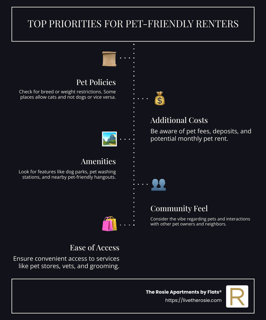 Infographic detailing the priorities for pet-friendly renters, including pet policies, additional costs, and community insights - pet friendly apts for rent near me infographic infographic-line-5-steps-dark