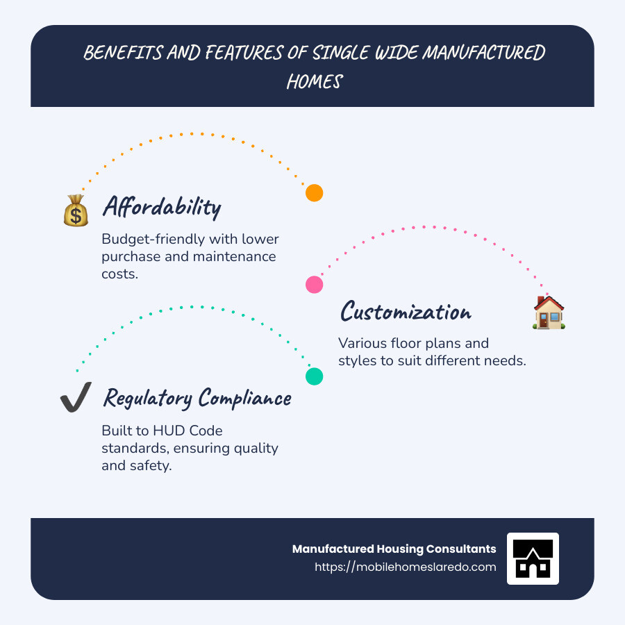 Infographic showing benefits and features of single wide manufactured homes, including dimensions, affordability, customization, and regulatory compliance - single wide manufactured home infographic infographic-line-3-steps-blues-accent_colors