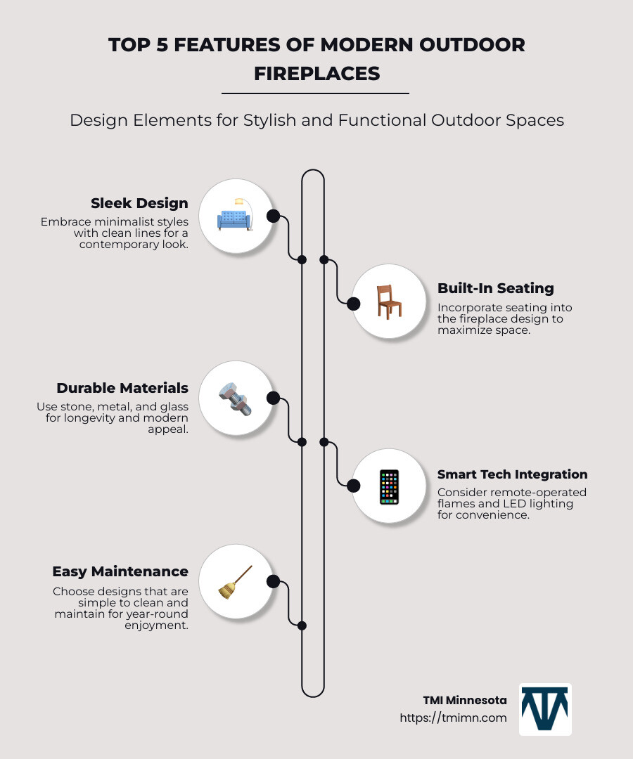 Infographic showing top 5 features of modern outdoor fireplaces: sleek design, built-in seating, durable materials, smart tech integration, and easy maintenance - modern outdoor fireplace designs infographic infographic-line-5-steps-neat_beige