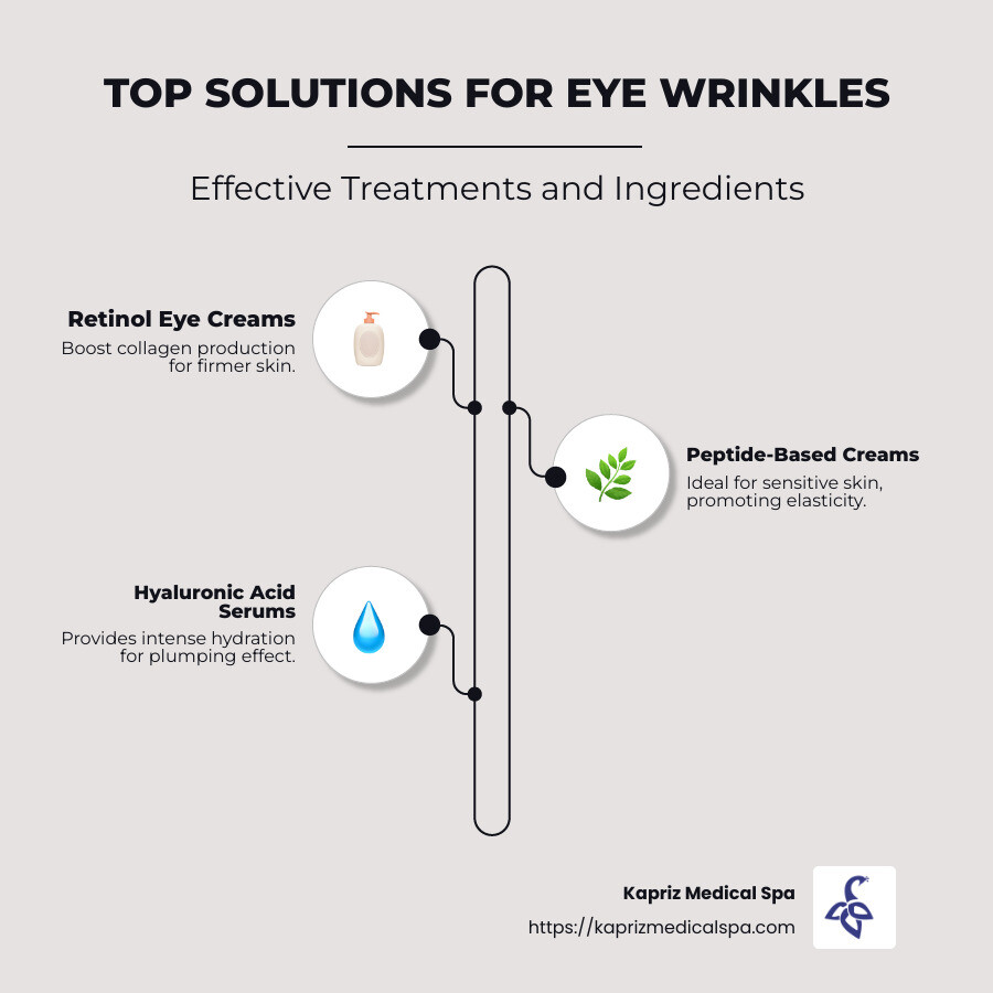 Infographic showing top eye wrinkle products and their effects - best product for eye wrinkles infographic infographic-line-3-steps-neat_beige