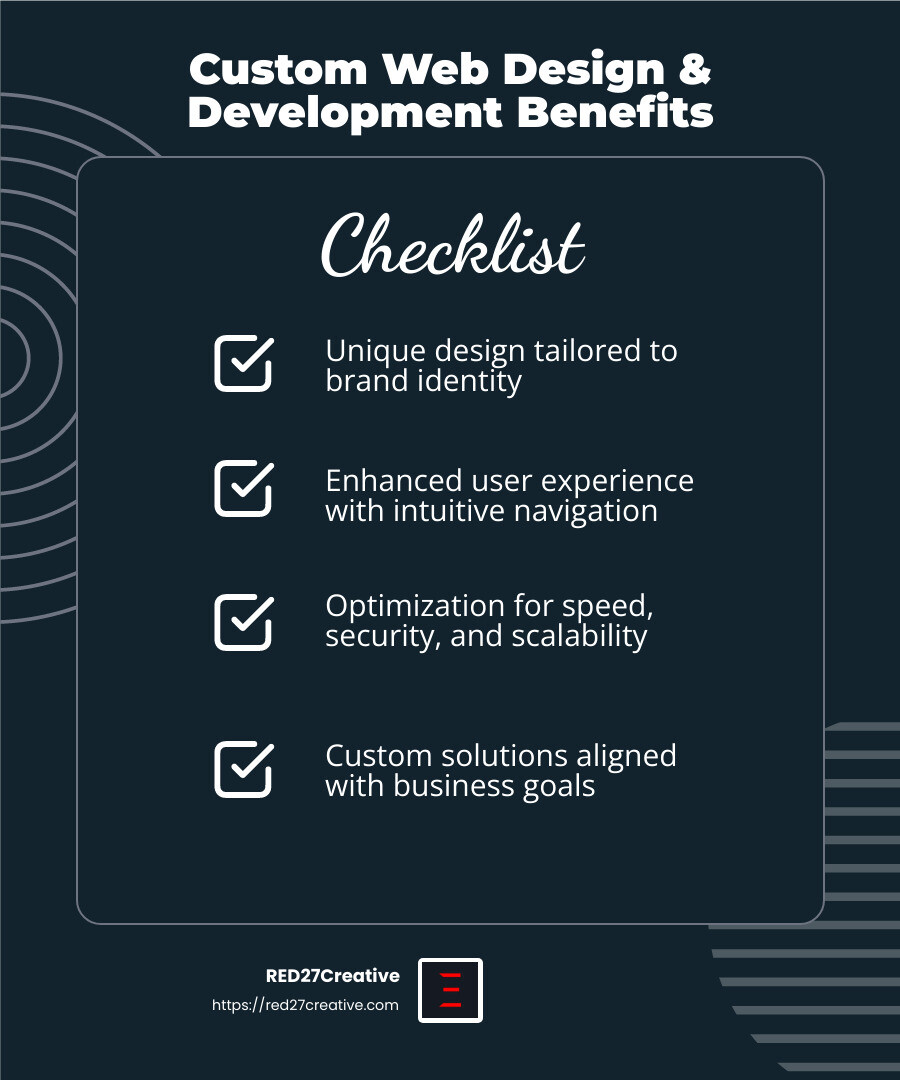 Crafting Unique Experiences: The Case for Custom Web Design and Development • custom web design and development • RED27Creative Custom Web Design Infographic - custom web design and development infographic checklist-dark-blue