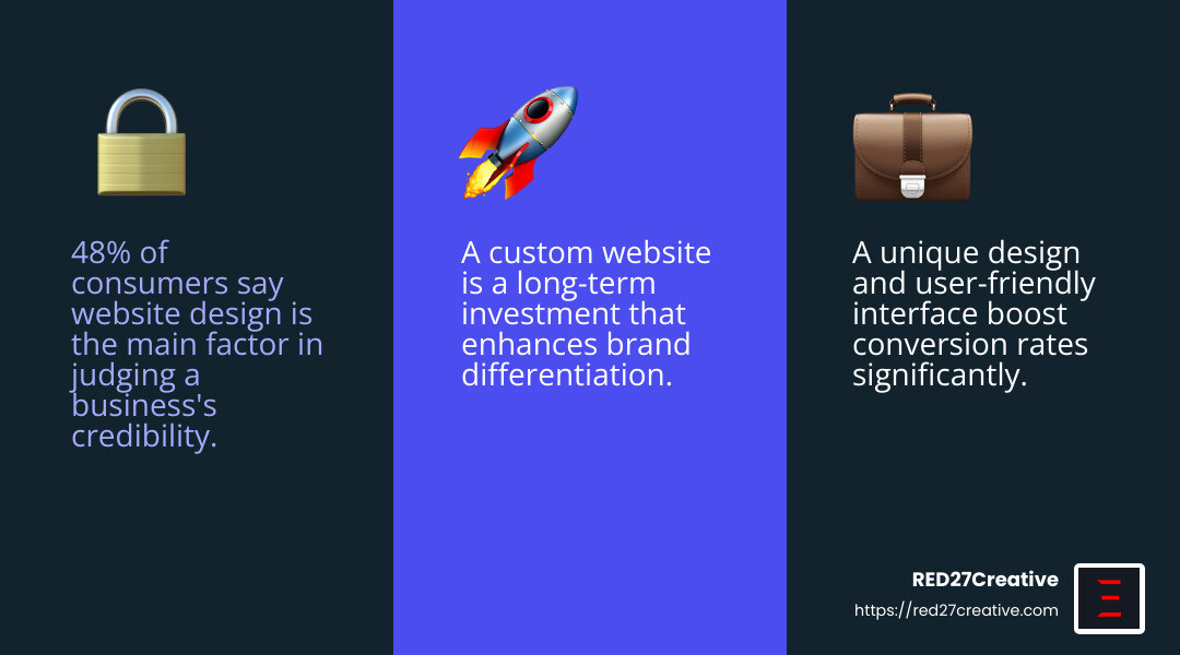 Crafting Unique Experiences: The Case for Custom Web Design and Development • custom web design and development • RED27Creative 48 percent of consumers indicate website design as the ultimate deciding factor in determining the credibility of a business (Ironpaper) - custom web design and development infographic 3_facts_emoji_blue