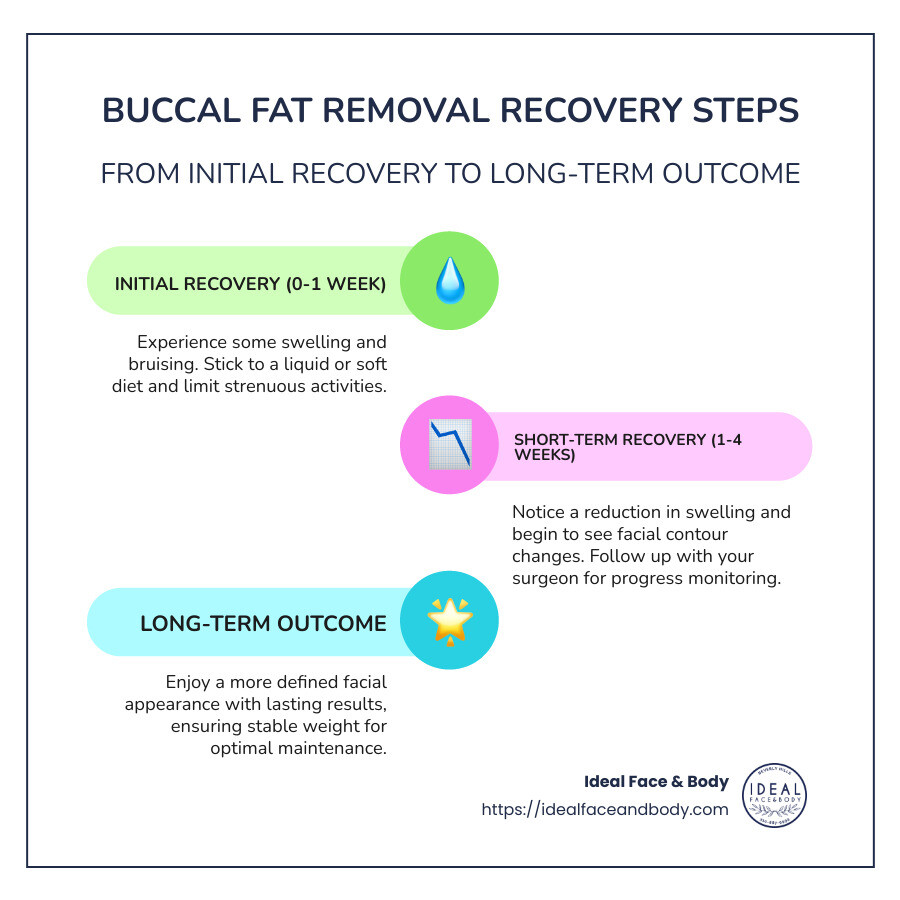 Buccal Fat Removal Recovery Steps Infographic: Initial to Long-Term Recovery, including post-operative care, swelling reduction, and lasting results - buccal fat removal recovery infographic infographic-line-3-steps-colors