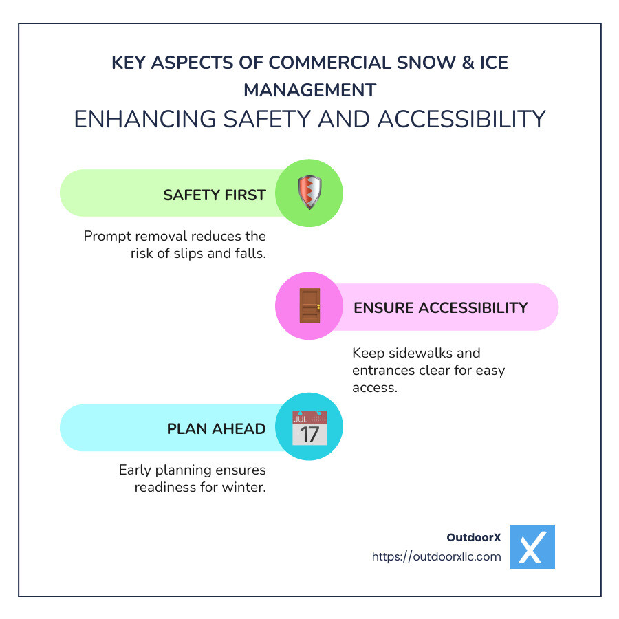 Infographic showing key aspects of commercial snow and ice management: Safety, Accessibility, Planning - commercial snow and ice management infographic infographic-line-3-steps-colors
