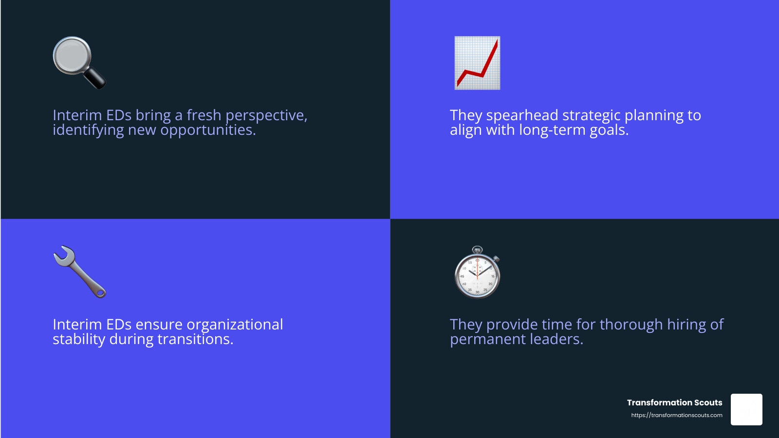 Fresh Perspective and Organizational Improvement - interim executive director infographic 4_facts_emoji_blue