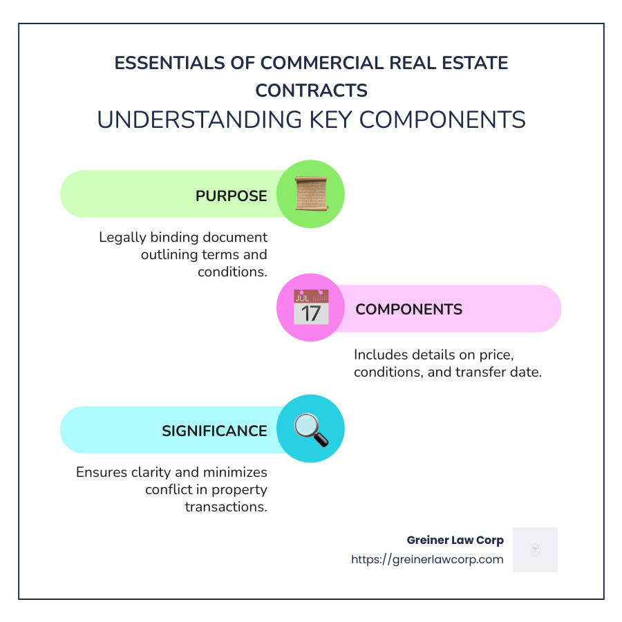 9b97f5185c69a048a1aa732dc8461530d8ac66b6 Navigating the Maze: Understanding Commercial Real Estate Contracts Navigate commercial real estate contracts easily. Learn types, key provisions, and negotiation tips to achieve your business goals. Infographic: Essential Elements of Commercial Real Estate Contracts - commercial real estate contracts infographic infographic-line-3-steps-colors