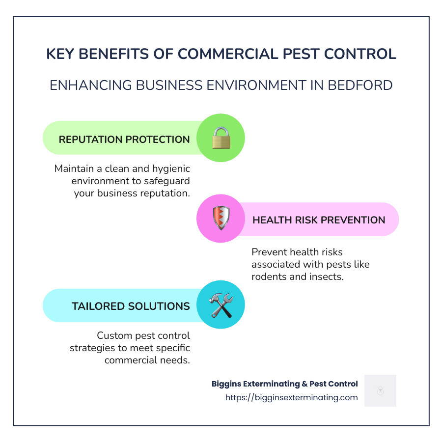 Infographic detailing the key benefits of commercial pest control: reputation protection, health risk prevention, and custom solutions. - Commercial pest control Bedford infographic infographic-line-3-steps-colors