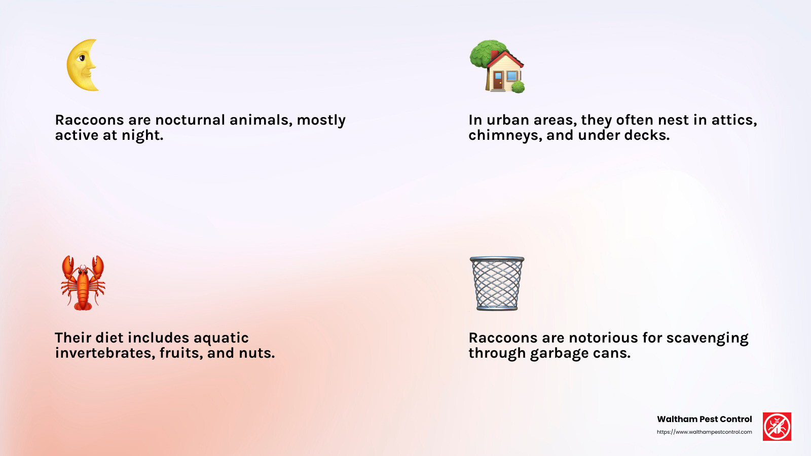 Raccoons are opportunistic feeders, often scavenging garbage and gardens for food. - professional raccoon removal infographic 4_facts_emoji_light-gradient