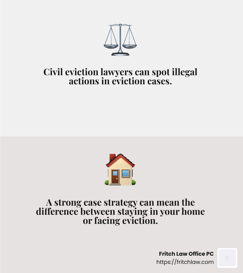 Case strategy is often the key to success in legal battles. - civil eviction lawyers near me infographic 2_facts_emoji_grey