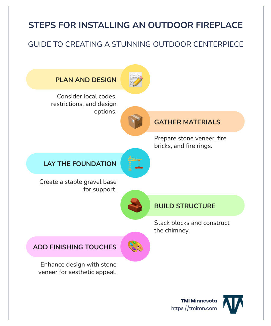d54ad2880723a6d95245396a1c8dbbc9b28da9e1 Outdoor Fireplace Installation: From Plan to Bonfire Discover expert tips on outdoor fireplace installation, from planning to design, for a family-friendly yard transformation. Infographic: Steps and Considerations for Outdoor Fireplace Installation - outdoor fireplace installation infographic infographic-line-5-steps-colors