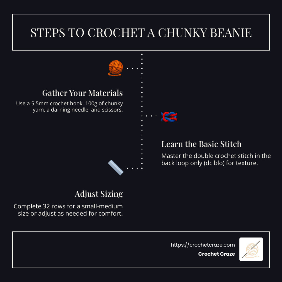 Chunky Beanie Crochet Essentials Infographic - chunky beanie crochet tutorial infographic infographic-line-3-steps-dark