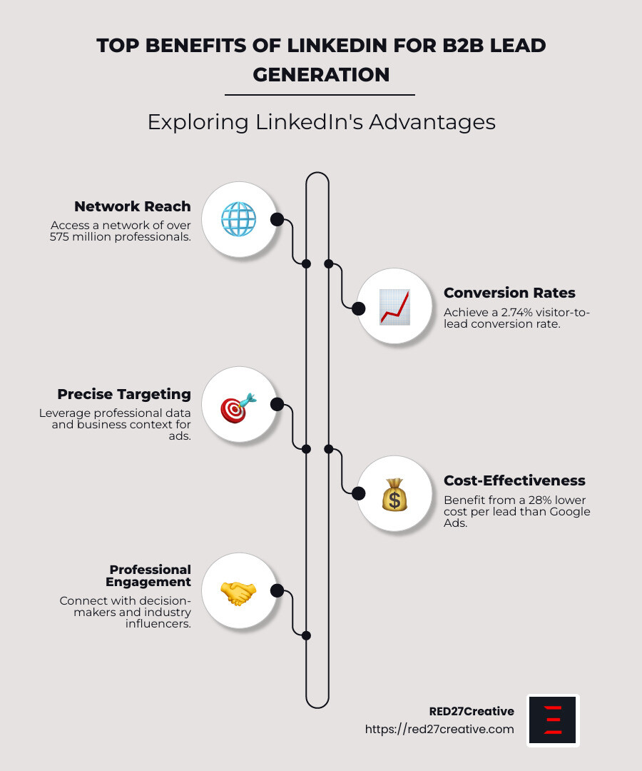 LinkedIn Lead Generation: Services That Make a Difference • b2b linkedin lead generation service • RED27Creative Infographic illustrating top benefits of LinkedIn B2B lead generation: cost-effectiveness, conversion rates, network reach, and professional data access - b2b linkedin lead generation service infographic infographic-line-5-steps-neat_beige
