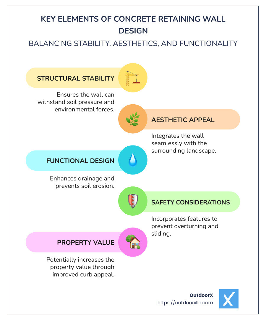 Infographic detailing the key elements of concrete retaining wall design, including structural stability, aesthetic integration with landscape, and functional improvements for drainage. - Retaining wall concrete design infographic infographic-line-5-steps-colors