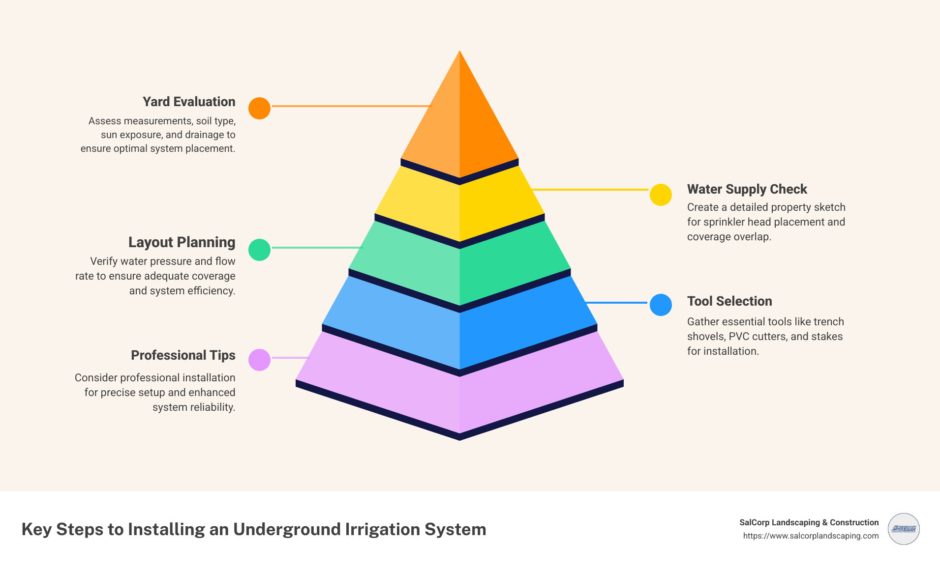 Key Steps to Installing an Underground Irrigation System: Yard Evaluation, Water Supply Check, Layout Planning, Tool Selection, and Professional Tips - installing underground irrigation systems infographic pyramid-hierarchy-5-steps