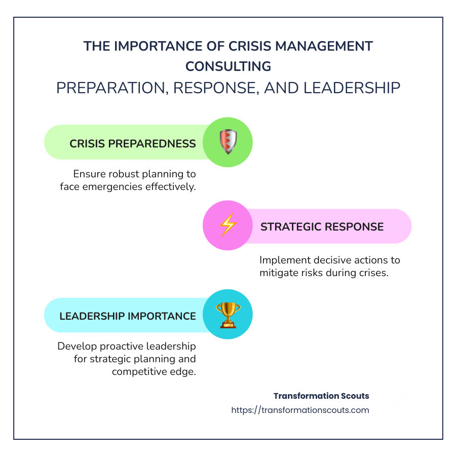 Infographic on the importance of crisis management consulting: includes preparation, response, and leadership importance - crisis management consulting infographic infographic-line-3-steps-colors