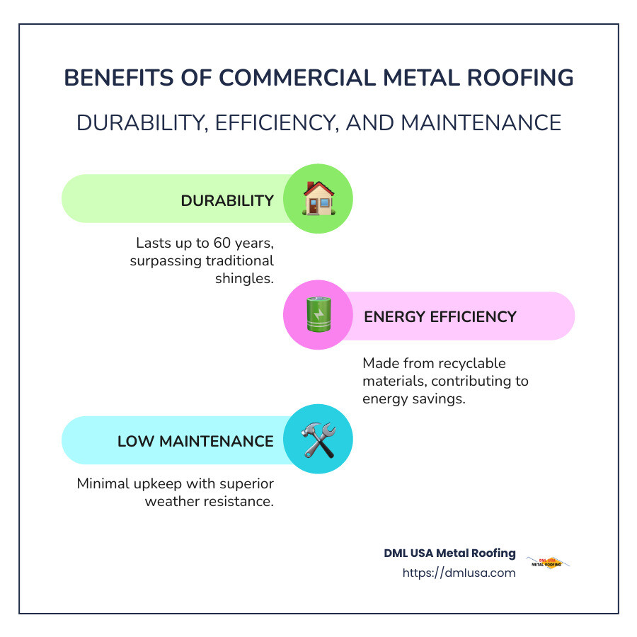Infographic showing commercial metal roofing benefits, including durability, energy efficiency, minimal maintenance, and aesthetic versatility, constructed from recyclable materials - commercial metal roofing infographic infographic-line-3-steps-colors