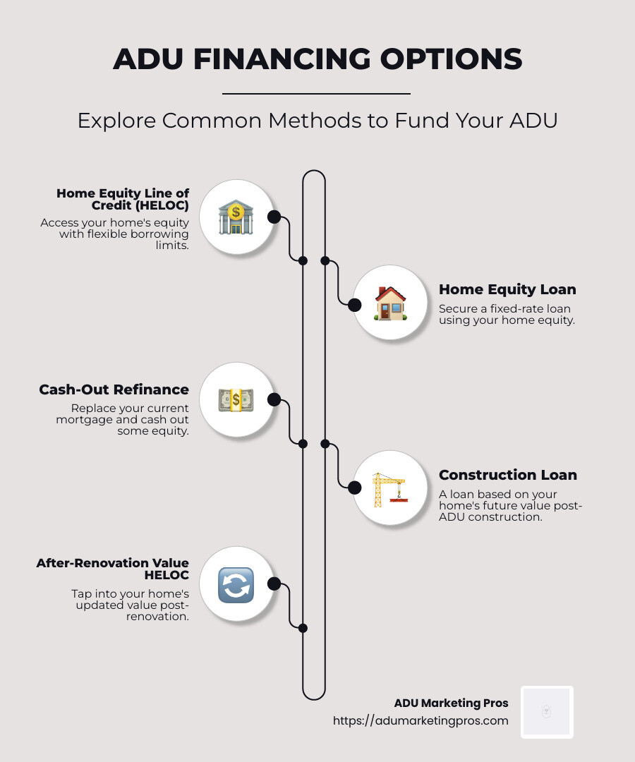 Infographic showing ADU financing options with definitions and quick pros/cons - adu financing options infographic infographic-line-5-steps-neat_beige
