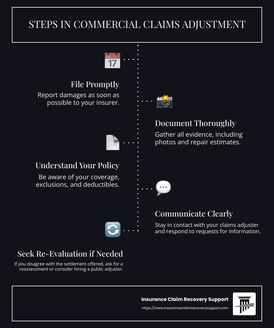 Steps in commercial claims adjustment - commercial claims adjustment infographic infographic-line-5-steps-dark