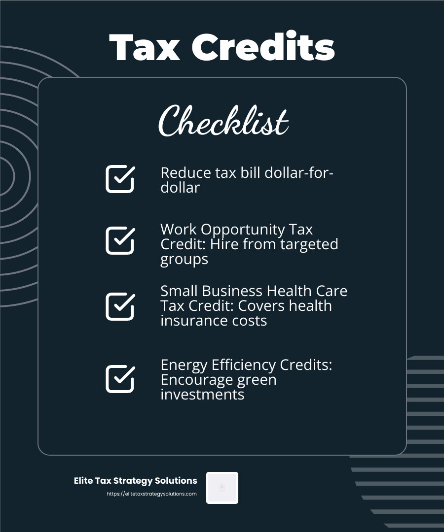 Tax credits explained - small business tax reduction strategies infographic checklist-dark-blue