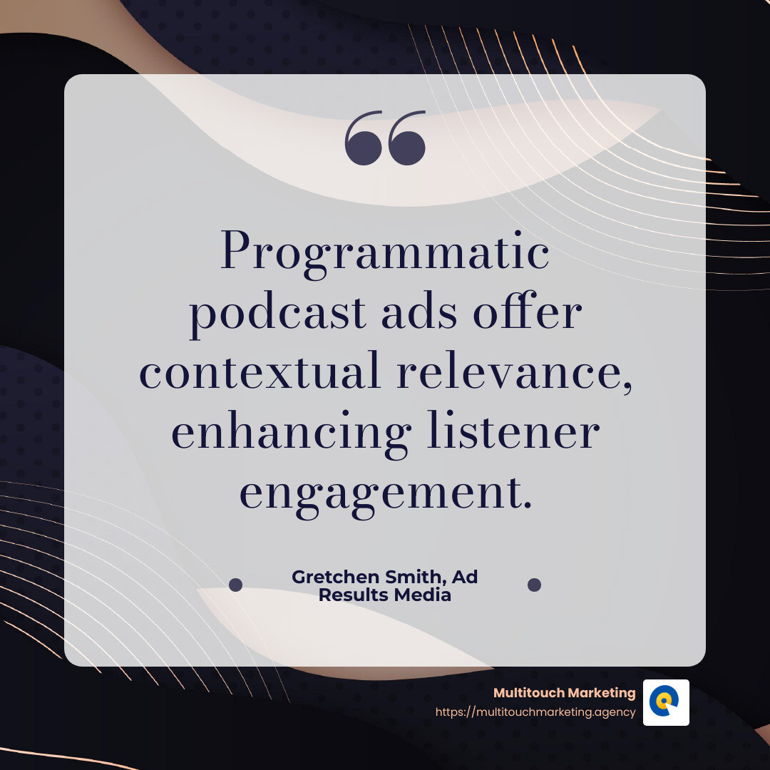 Programmatic podcast ads offer contextual relevance, enhancing listener engagement. - Gretchen Smith, Ad Results Media - Dynamic ad insertion benefits infographic simple-quote-dark