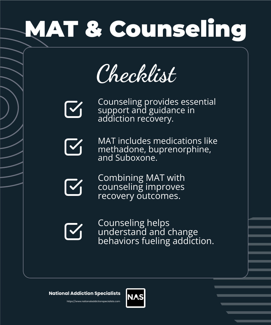 Benefits of MAT and Counseling - Counseling for opioid addiction infographic checklist-dark-blue