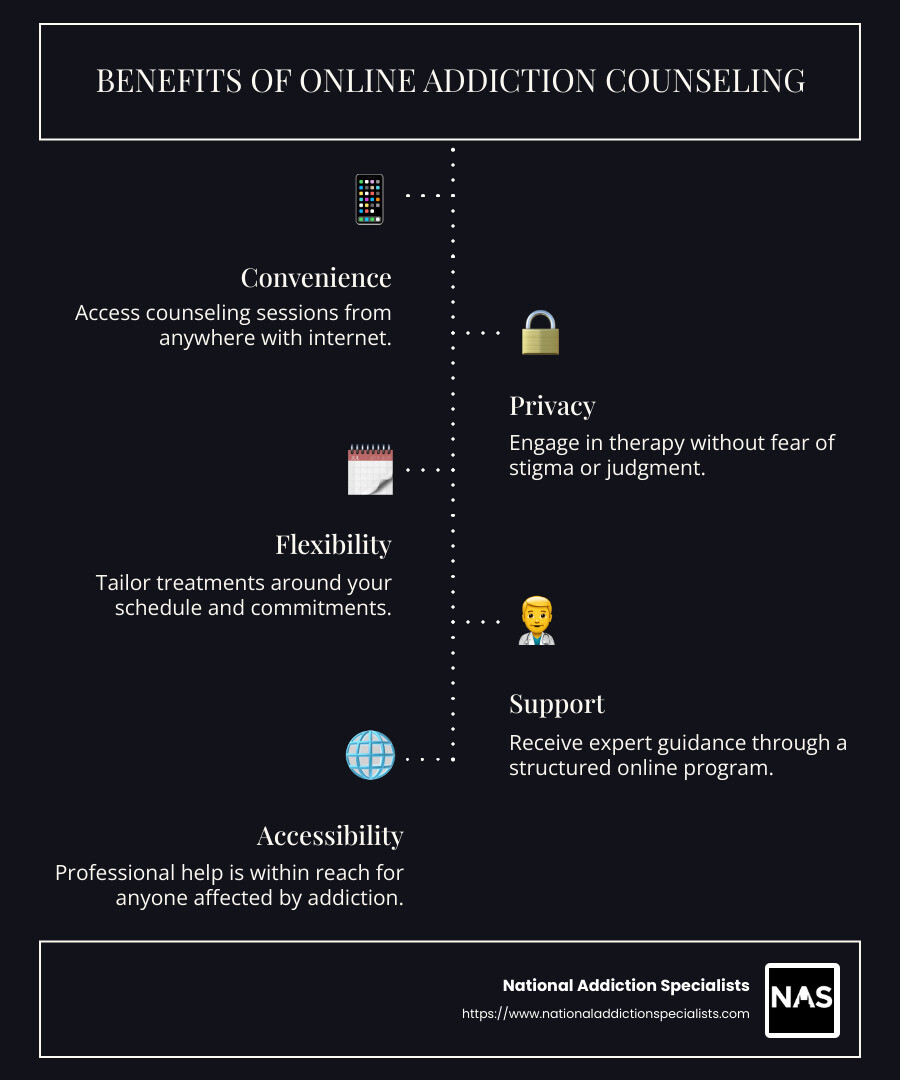 Infographic showing the benefits of online addiction counseling: convenience, privacy, flexibility, support - Online addiction counseling infographic infographic-line-5-steps-dark