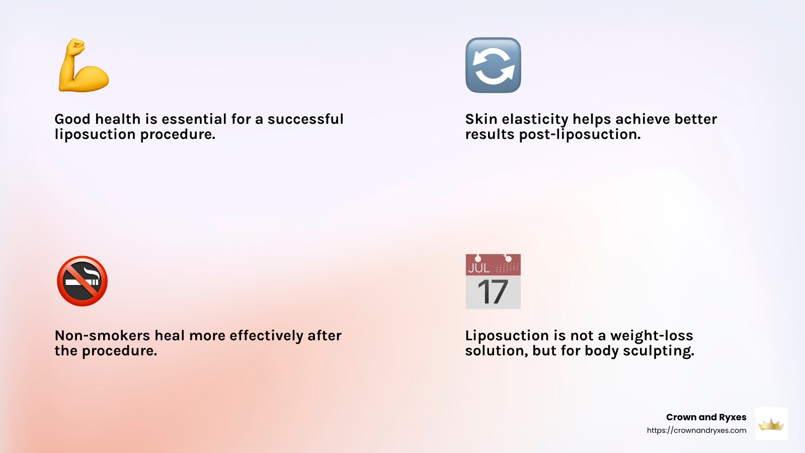 Good health and skin elasticity are crucial for effective liposuction outcomes. - abdominal liposuction cost infographic 4_facts_emoji_light-gradient