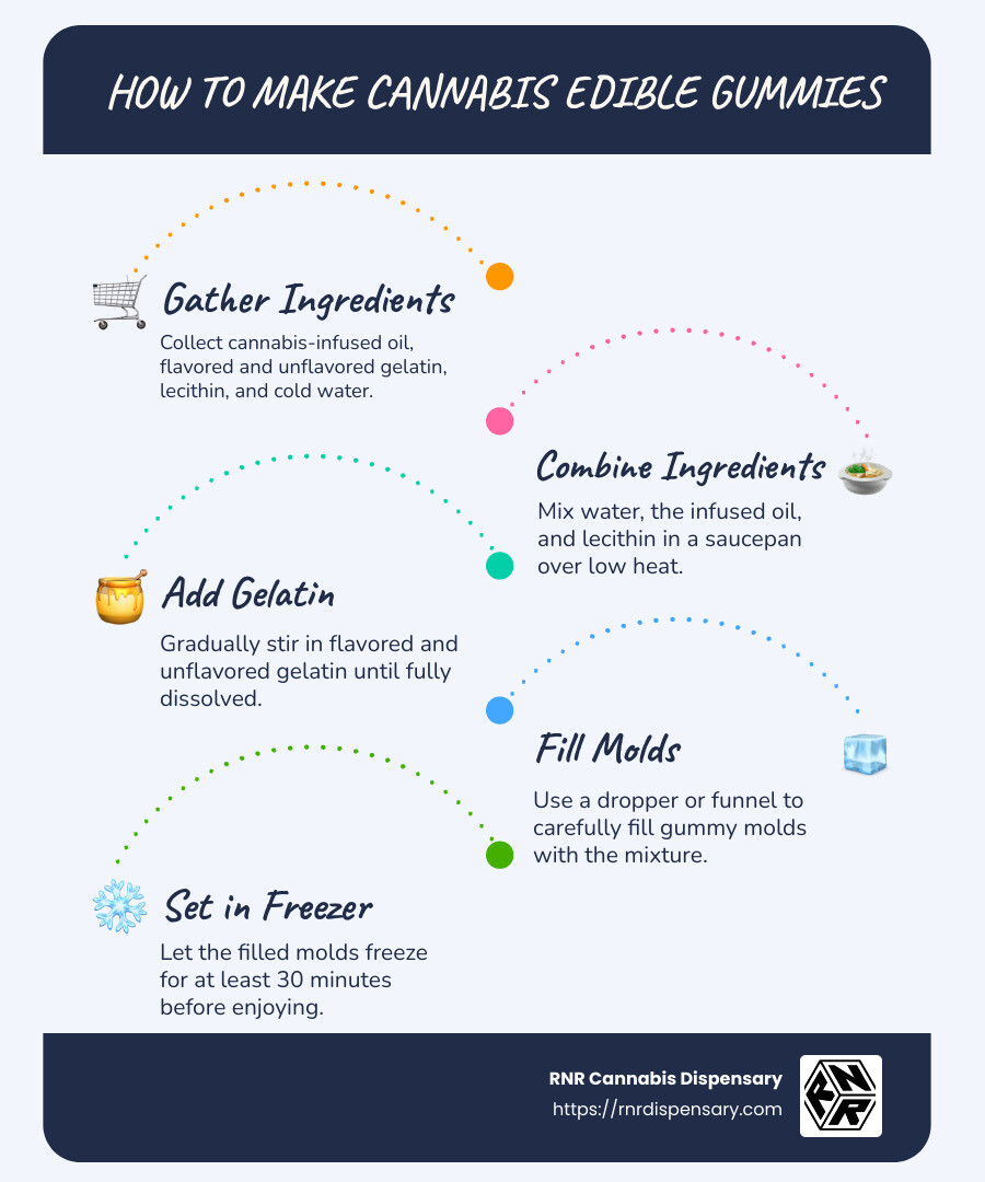 Infographic of steps to make gummies - how to make cannabis edible gummies infographic infographic-line-5-steps-blues-accent_colors